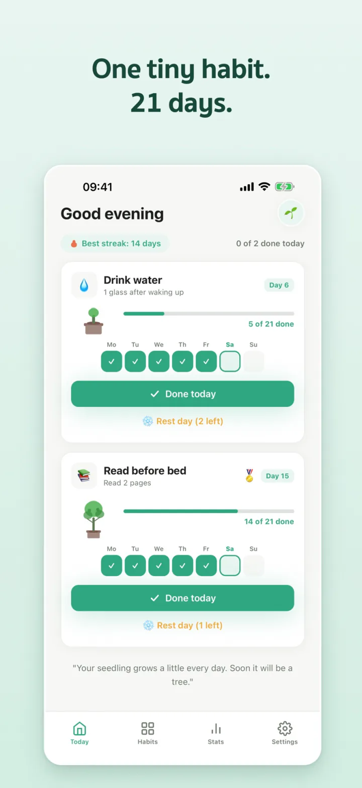 Today screen with a habit card, check-in button and week strip