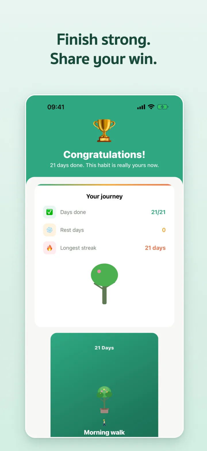 Celebration screen after 21 days with a share card