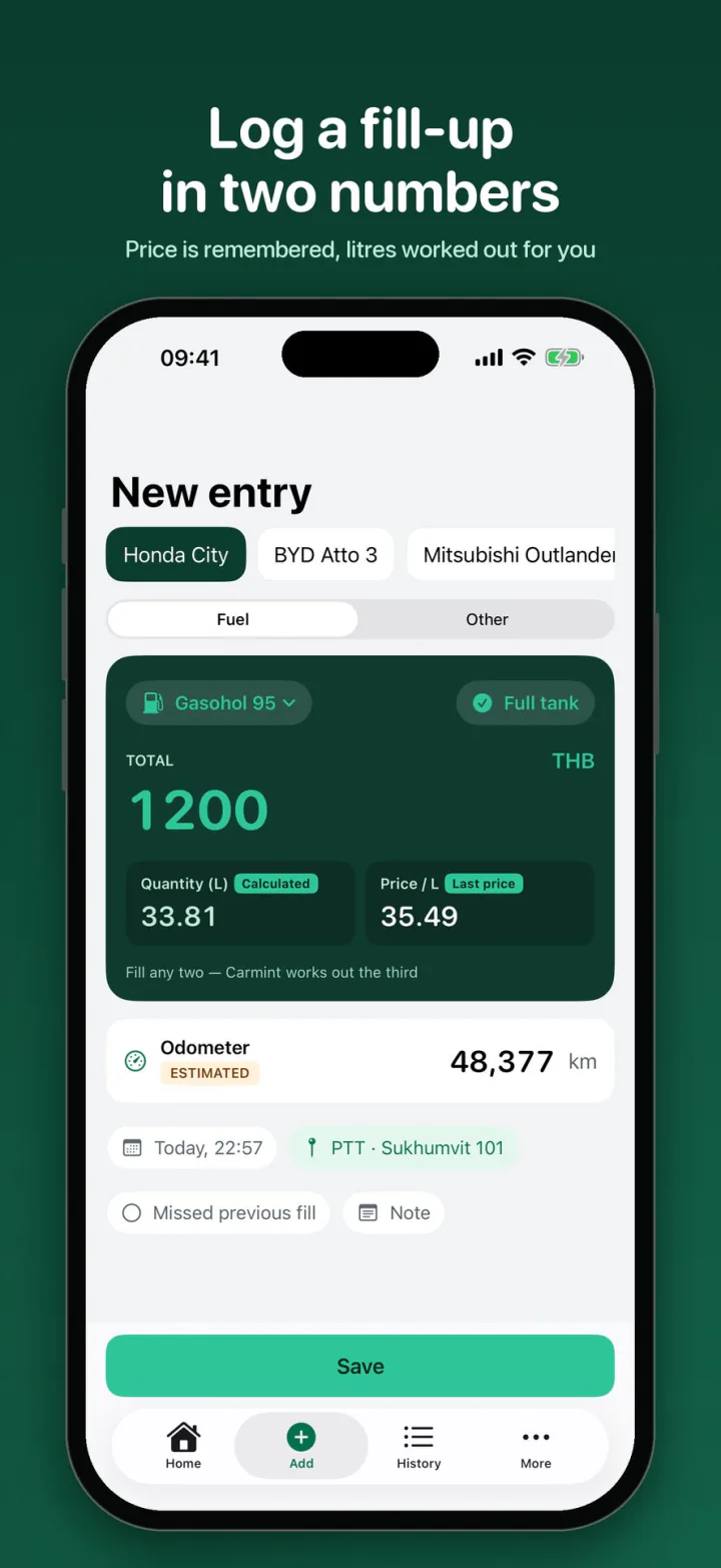 Log a fill-up with two numbers; litres worked out for you