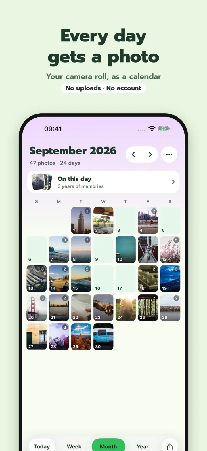 Month calendar with a cover photo for each day