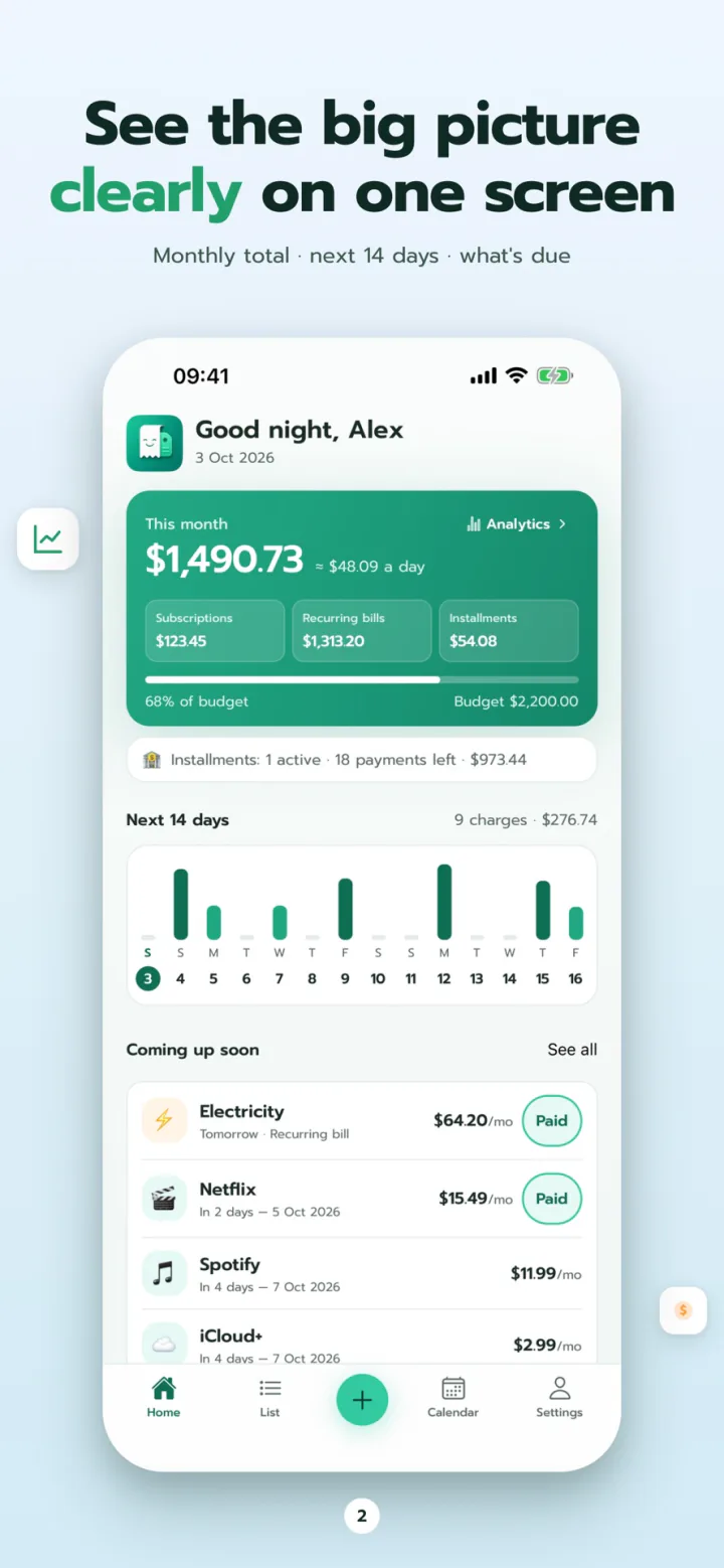 Home with this month's total and upcoming charges