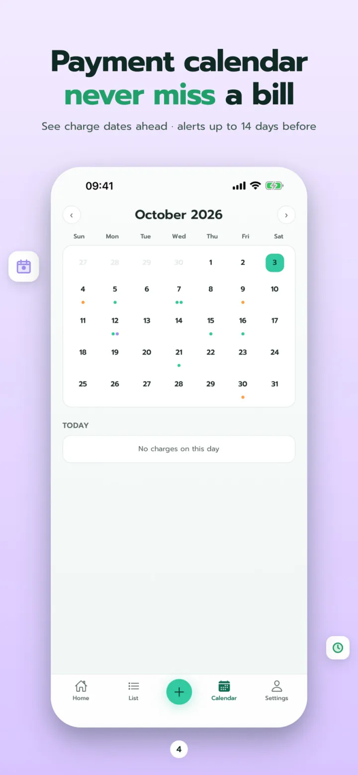 Calendar of every upcoming charge
